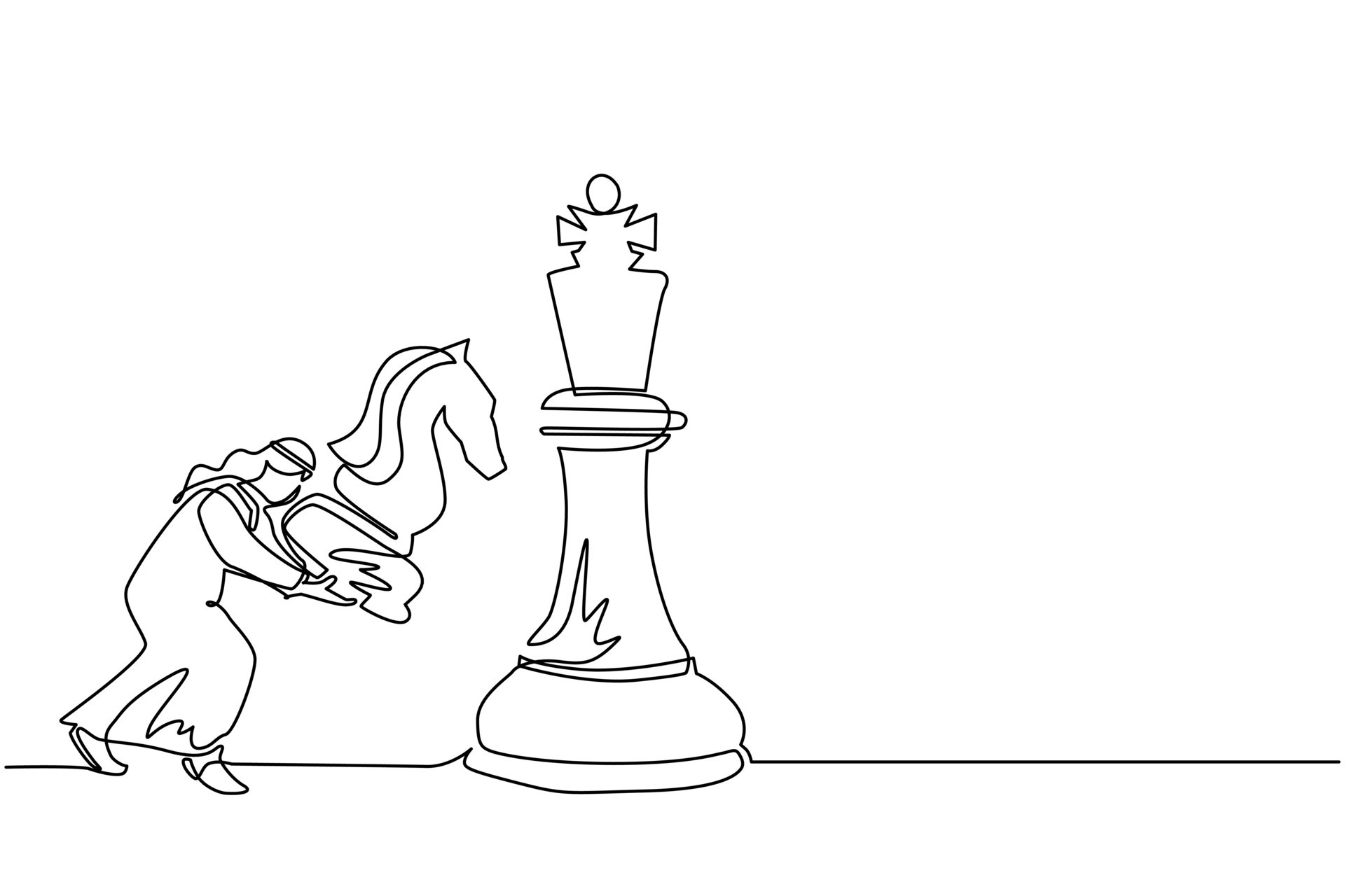 único desenho de uma linha empresário árabe segurando a peça de xadrez de  cavaleiro para vencer o xadrez do rei. planejamento estratégico, estratégia  de desenvolvimento de negócios, empreendedorismo tático. vetor de design